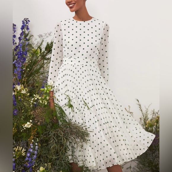 Hobbs London Selena Spot Pleated Dress Ivory/Green - Picture 1 of 13